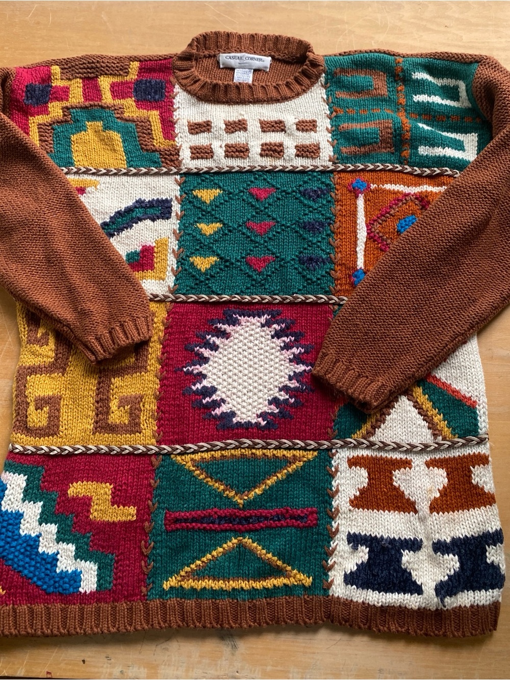 Casual Corner Brown Multicolor Patchwork Crewneck Sweater